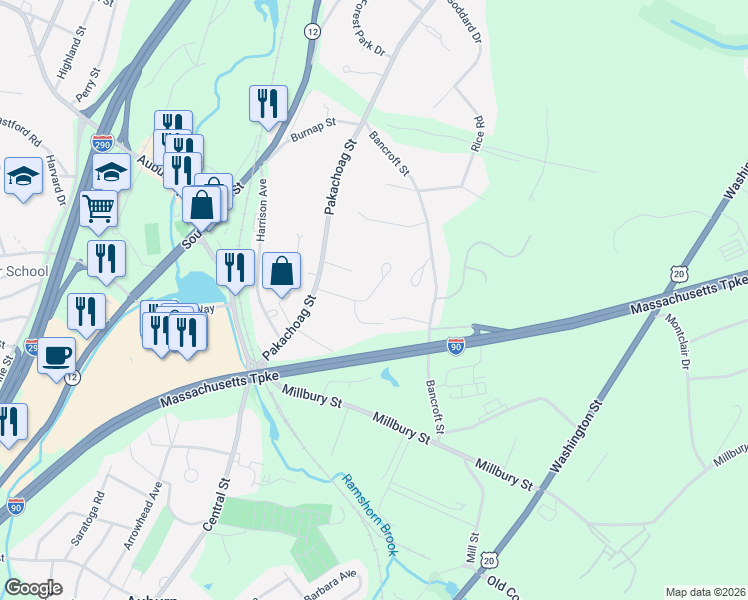 map of restaurants, bars, coffee shops, grocery stores, and more near 76 Bancroft Street in Auburn