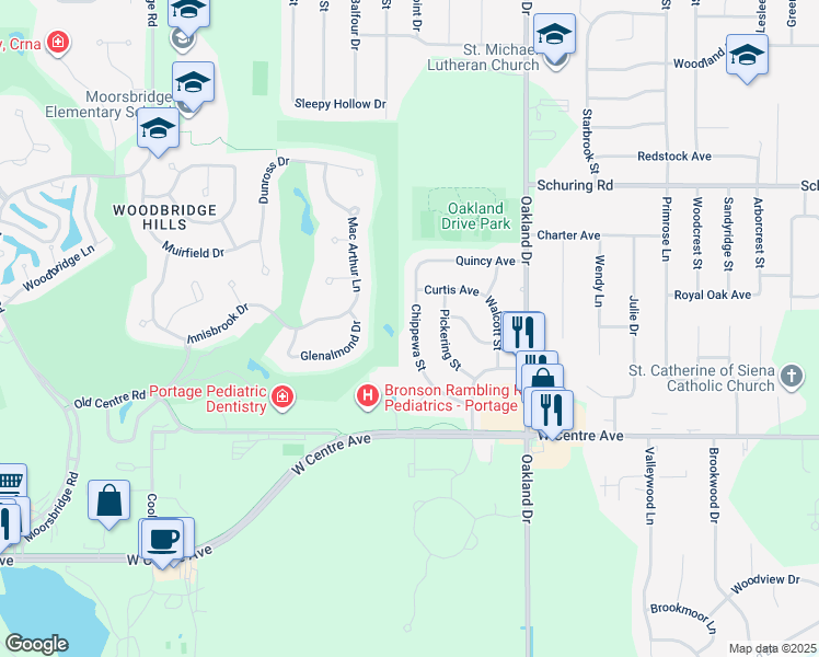 map of restaurants, bars, coffee shops, grocery stores, and more near 7800 Chippewa Street in Portage