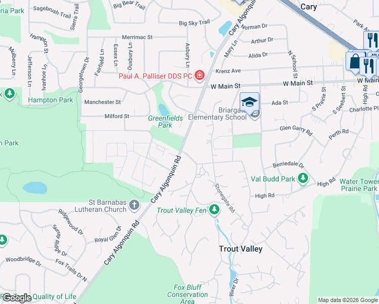 map of restaurants, bars, coffee shops, grocery stores, and more near 271 Country Commons Road in Cary