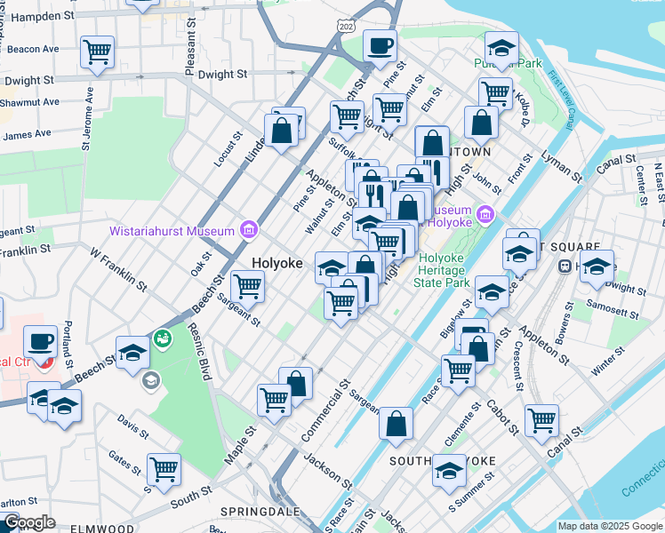 map of restaurants, bars, coffee shops, grocery stores, and more near 235 Chestnut St in Holyoke