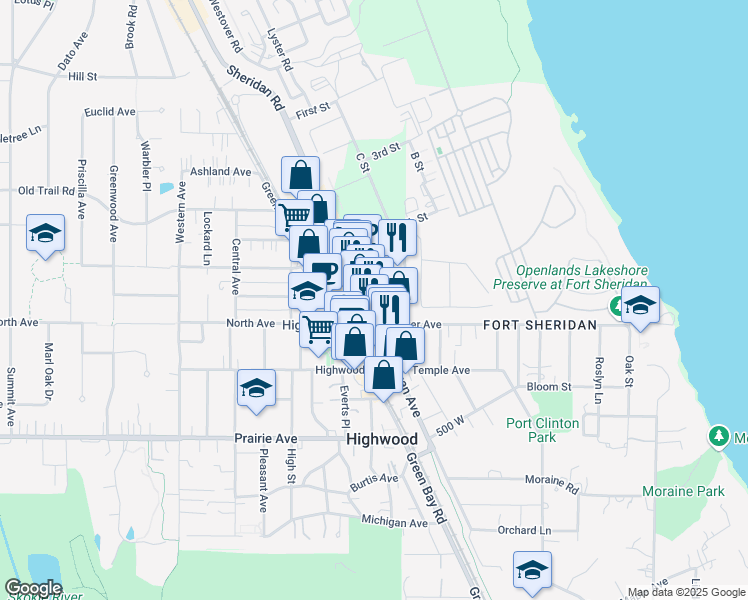 map of restaurants, bars, coffee shops, grocery stores, and more near 416 Sheridan Road in Highwood