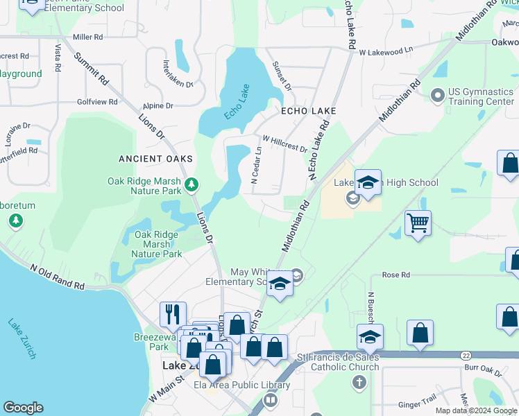 map of restaurants, bars, coffee shops, grocery stores, and more near 227 Clair View Court in Lake Zurich