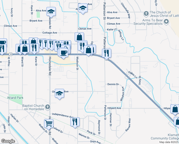 map of restaurants, bars, coffee shops, grocery stores, and more near 2507 Nile Street in Klamath Falls