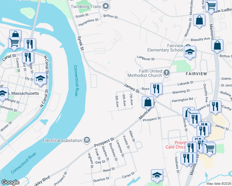 map of restaurants, bars, coffee shops, grocery stores, and more near 64 5th Avenue in Chicopee