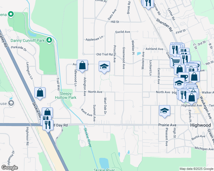 map of restaurants, bars, coffee shops, grocery stores, and more near 945 North Avenue in Highland Park