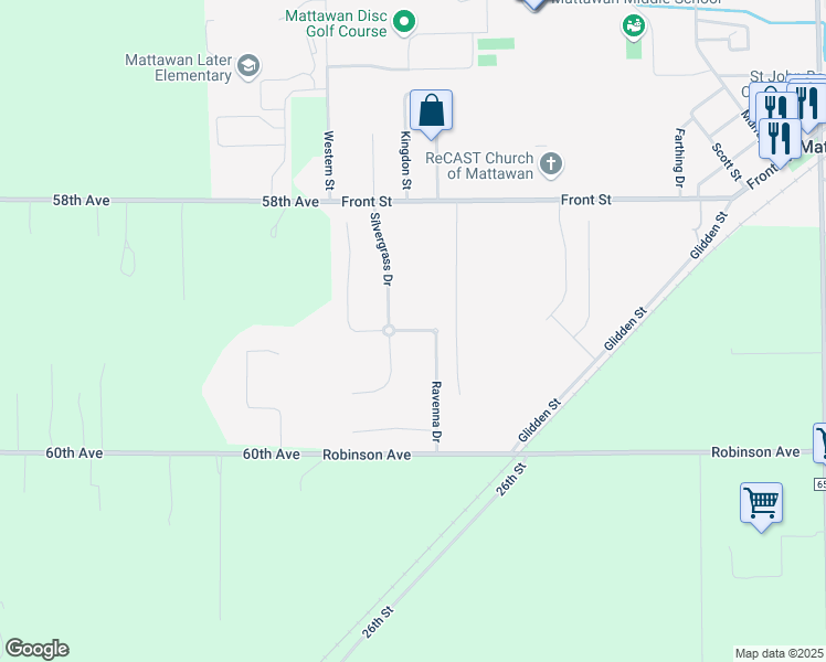 map of restaurants, bars, coffee shops, grocery stores, and more near Fountain Trail in Mattawan