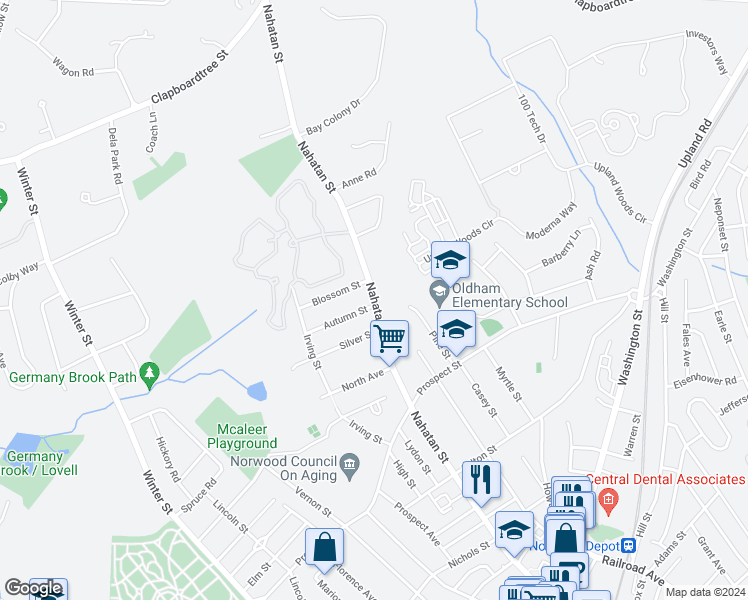 map of restaurants, bars, coffee shops, grocery stores, and more near 500 Nahatan Street in Norwood