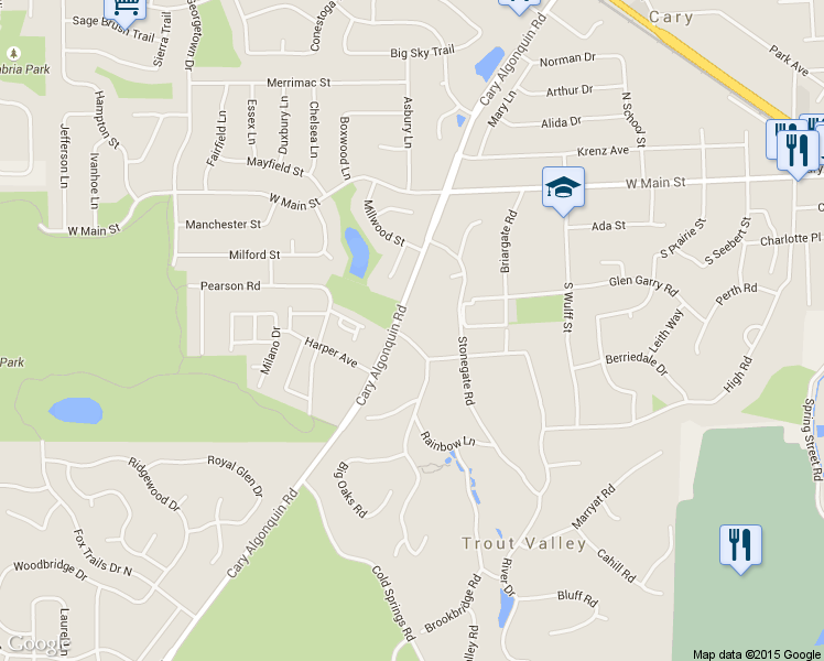 map of restaurants, bars, coffee shops, grocery stores, and more near 271 Country Commons Road in Cary