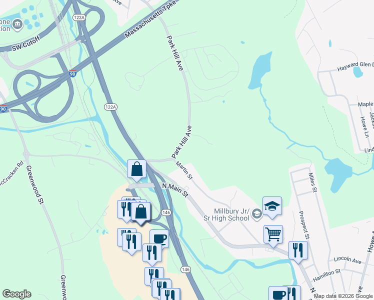 map of restaurants, bars, coffee shops, grocery stores, and more near 24 Park Hill Avenue in Millbury