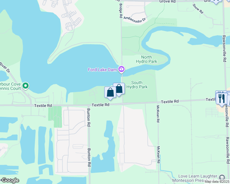 map of restaurants, bars, coffee shops, grocery stores, and more near 5900 Bridge Road in Ypsilanti