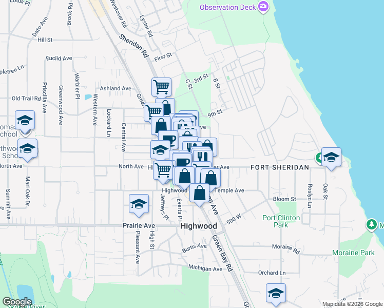 map of restaurants, bars, coffee shops, grocery stores, and more near 416 Sheridan Road in Highwood