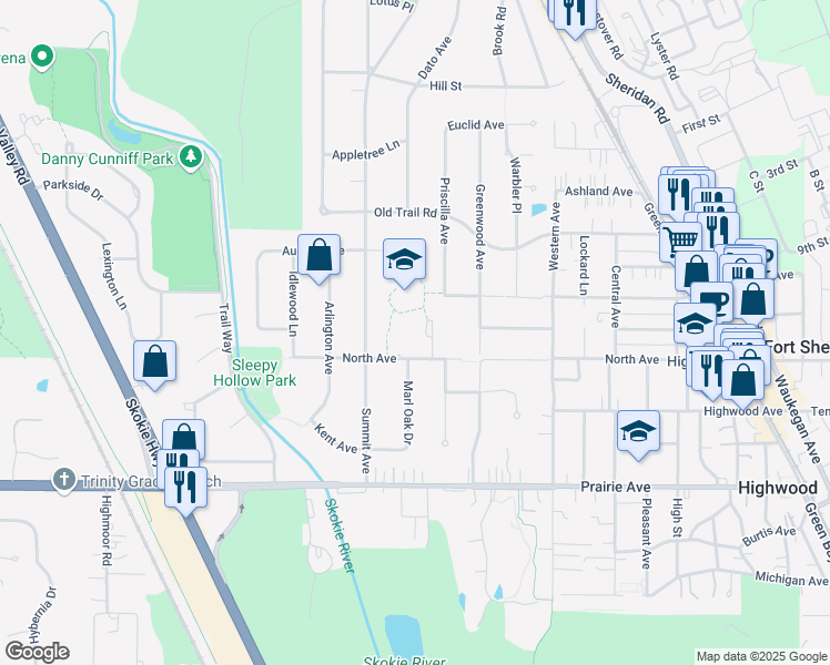 map of restaurants, bars, coffee shops, grocery stores, and more near 945 North Avenue in Highland Park