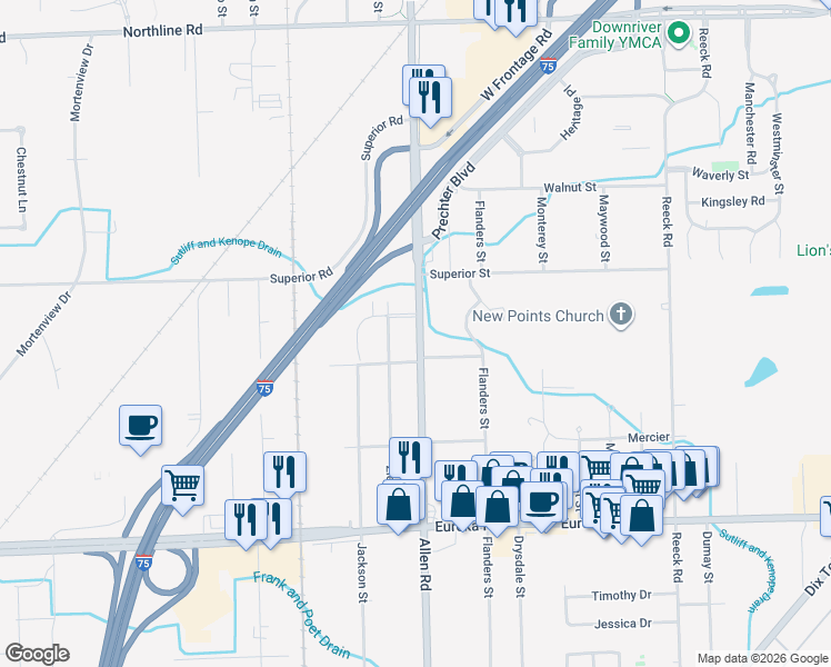 map of restaurants, bars, coffee shops, grocery stores, and more near 14204 Allen Road in Taylor