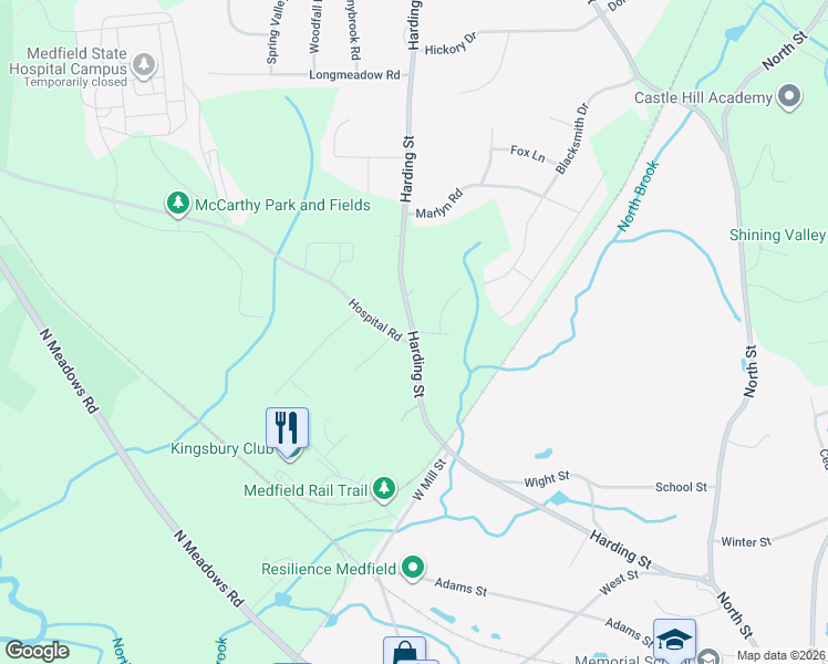 map of restaurants, bars, coffee shops, grocery stores, and more near 5 Surrey Run in Medfield