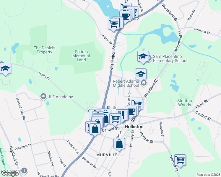 map of restaurants, bars, coffee shops, grocery stores, and more near 645 Washington Street in Holliston