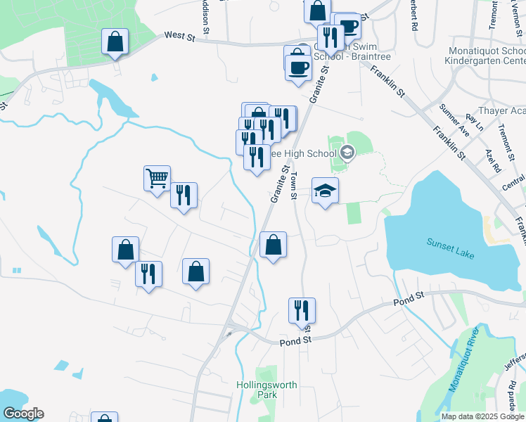 map of restaurants, bars, coffee shops, grocery stores, and more near 797 Granite Street in Braintree