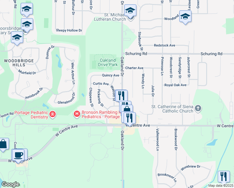 map of restaurants, bars, coffee shops, grocery stores, and more near 7744 Oakland Drive in Portage