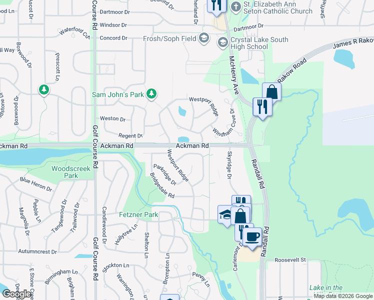 map of restaurants, bars, coffee shops, grocery stores, and more near 1329 Fountain Green Drive in Crystal Lake