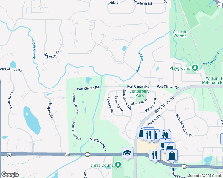 map of restaurants, bars, coffee shops, grocery stores, and more near 634 Raintree Road in Buffalo Grove