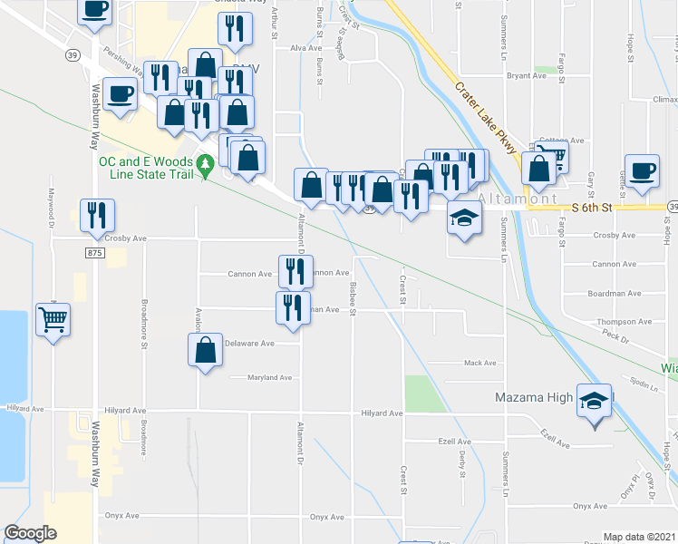 map of restaurants, bars, coffee shops, grocery stores, and more near 3504 Cannon Ave in Klamath Falls