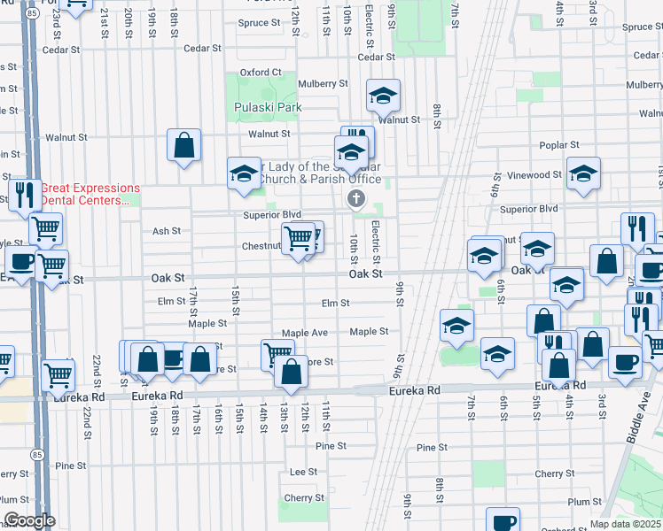 map of restaurants, bars, coffee shops, grocery stores, and more near 1102 Oak Street in Wyandotte