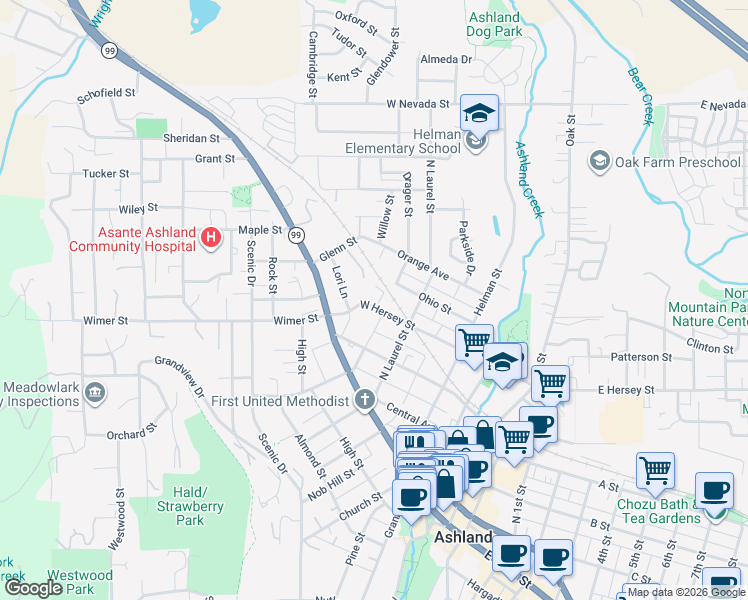 map of restaurants, bars, coffee shops, grocery stores, and more near 279 West Hersey Street in Ashland