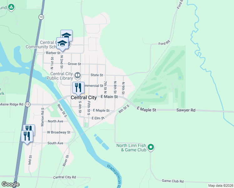 map of restaurants, bars, coffee shops, grocery stores, and more near 810 East Main Street in Central City