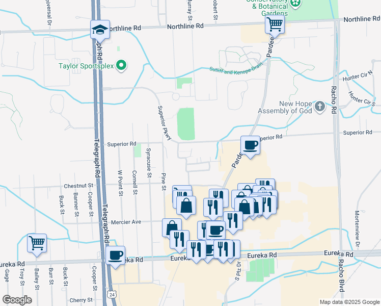 map of restaurants, bars, coffee shops, grocery stores, and more near Ridgeview Street in Taylor
