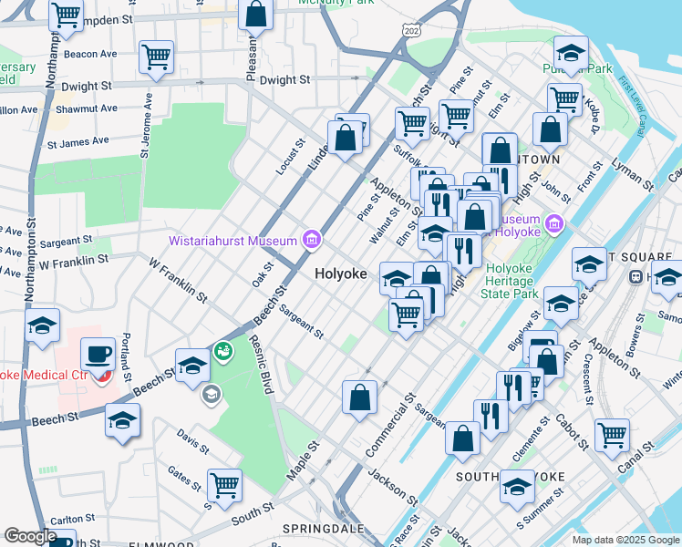map of restaurants, bars, coffee shops, grocery stores, and more near in Holyoke