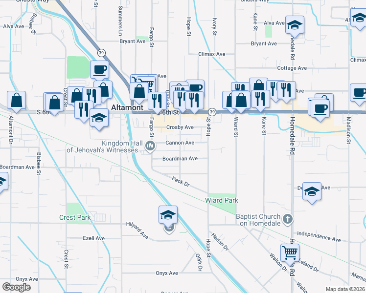 map of restaurants, bars, coffee shops, grocery stores, and more near 2507 Gettle Street in Klamath Falls