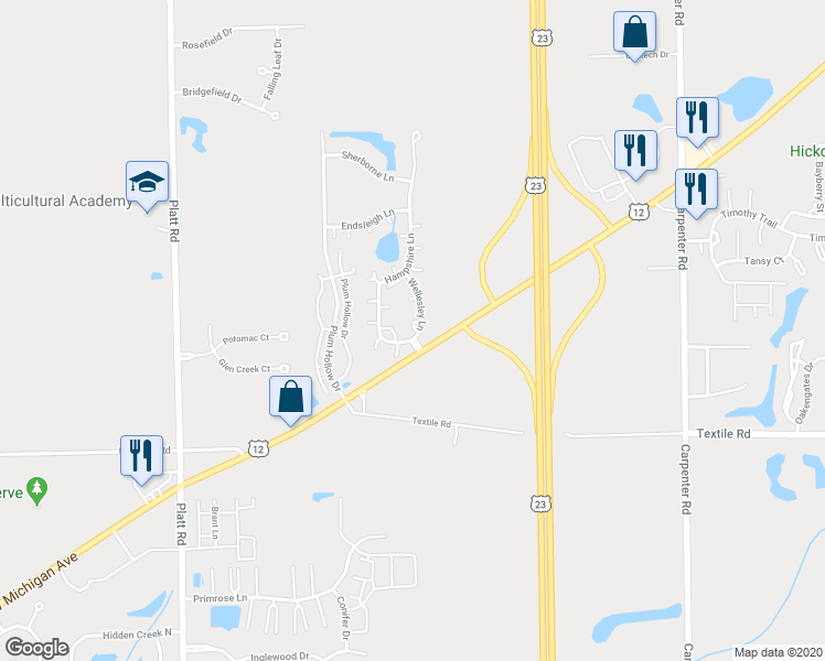 map of restaurants, bars, coffee shops, grocery stores, and more near 5813 Hampshire Lane in Ypsilanti