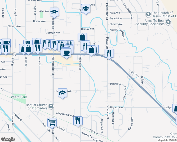 map of restaurants, bars, coffee shops, grocery stores, and more near 2512 Nile Street in Klamath Falls