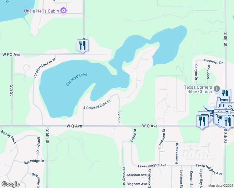 map of restaurants, bars, coffee shops, grocery stores, and more near 1625 South Crooked Lake Drive in Texas charter Township