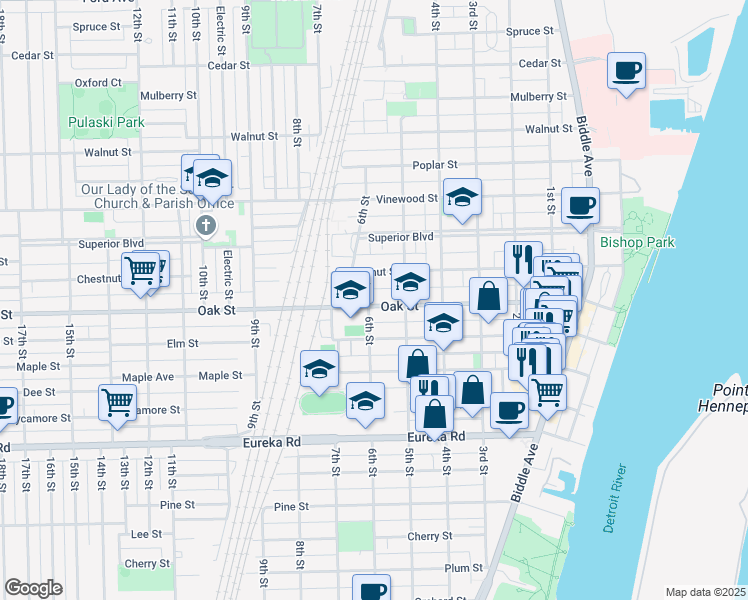 map of restaurants, bars, coffee shops, grocery stores, and more near 531 Oak Street in Wyandotte