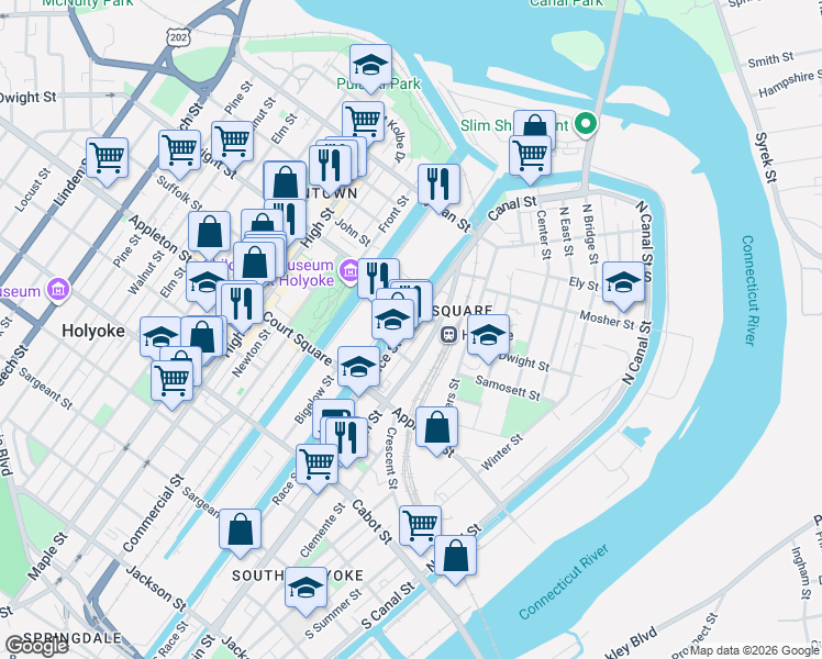 map of restaurants, bars, coffee shops, grocery stores, and more near 92 Race Street in Holyoke
