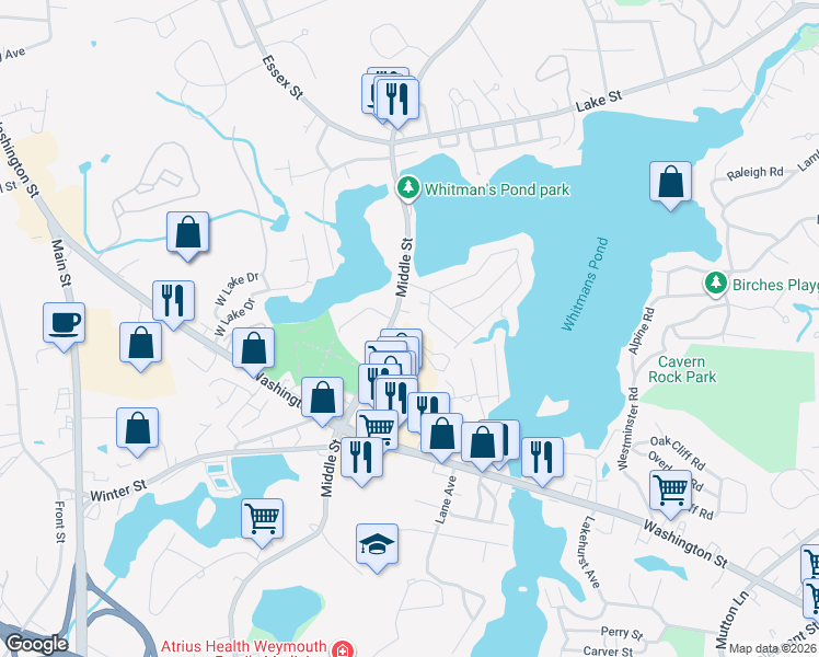 map of restaurants, bars, coffee shops, grocery stores, and more near 580 Middle Street in Weymouth