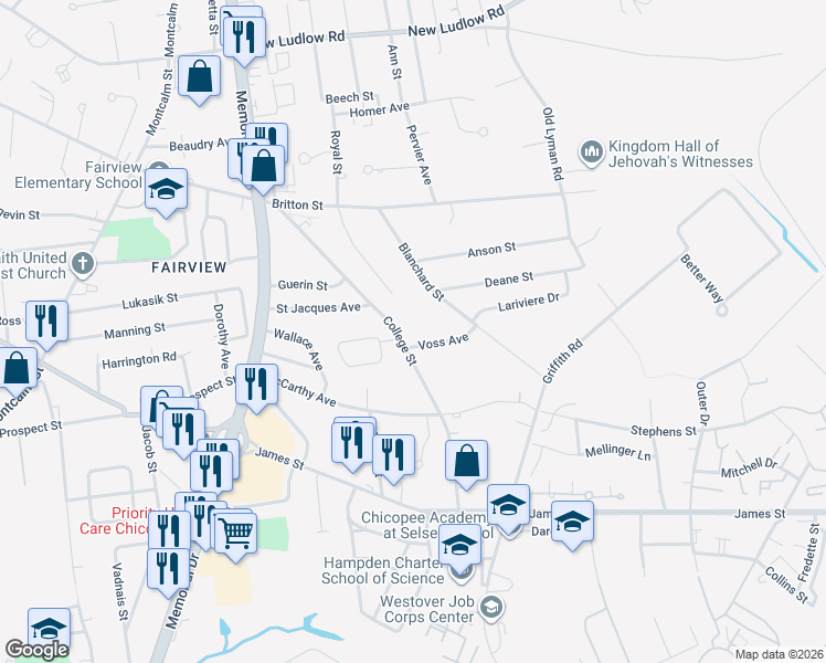 map of restaurants, bars, coffee shops, grocery stores, and more near 192-196 College St in Chicopee
