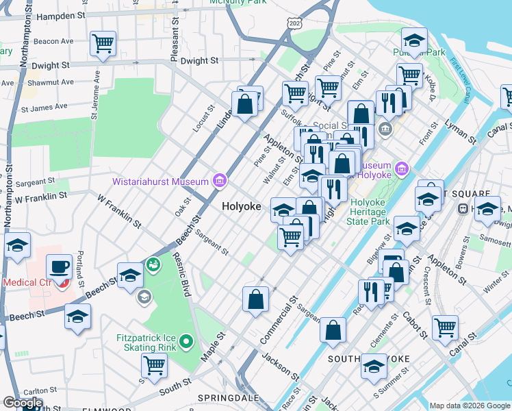 map of restaurants, bars, coffee shops, grocery stores, and more near 243 Elm Street in Holyoke