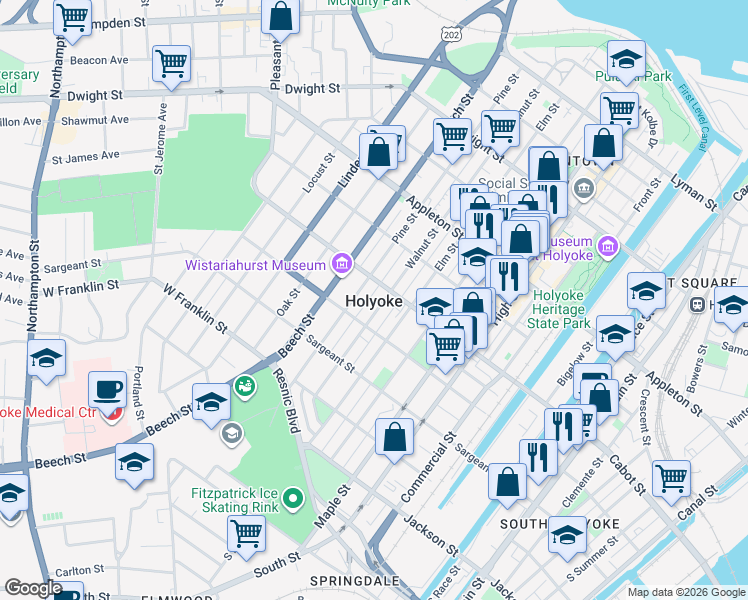 map of restaurants, bars, coffee shops, grocery stores, and more near 85 Chestnut Street in Holyoke
