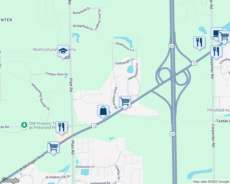 map of restaurants, bars, coffee shops, grocery stores, and more near 5915 Plum Hollow Drive in Ypsilanti