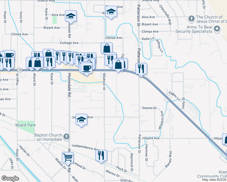 map of restaurants, bars, coffee shops, grocery stores, and more near 2508 Nile Street in Klamath Falls
