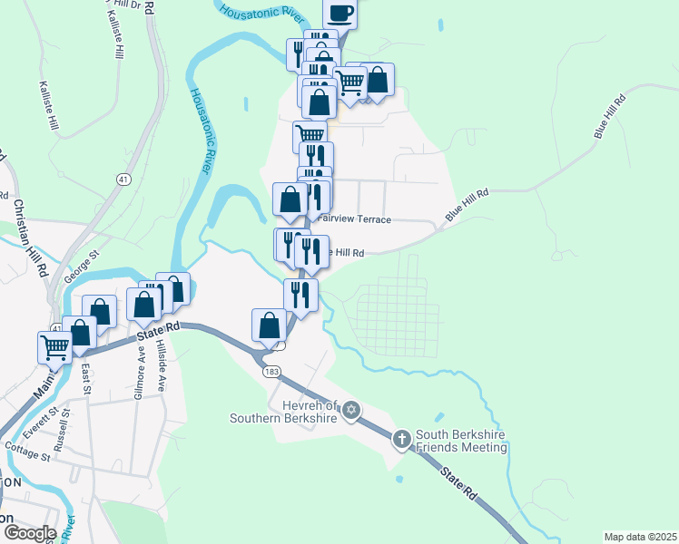 map of restaurants, bars, coffee shops, grocery stores, and more near 220 Stockbridge Road in Great Barrington