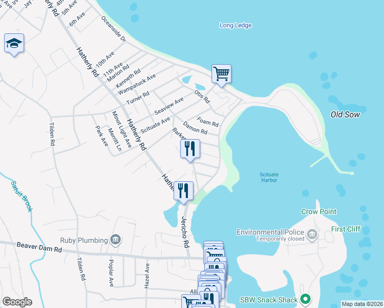 map of restaurants, bars, coffee shops, grocery stores, and more near 24 Wellesley Road in Scituate