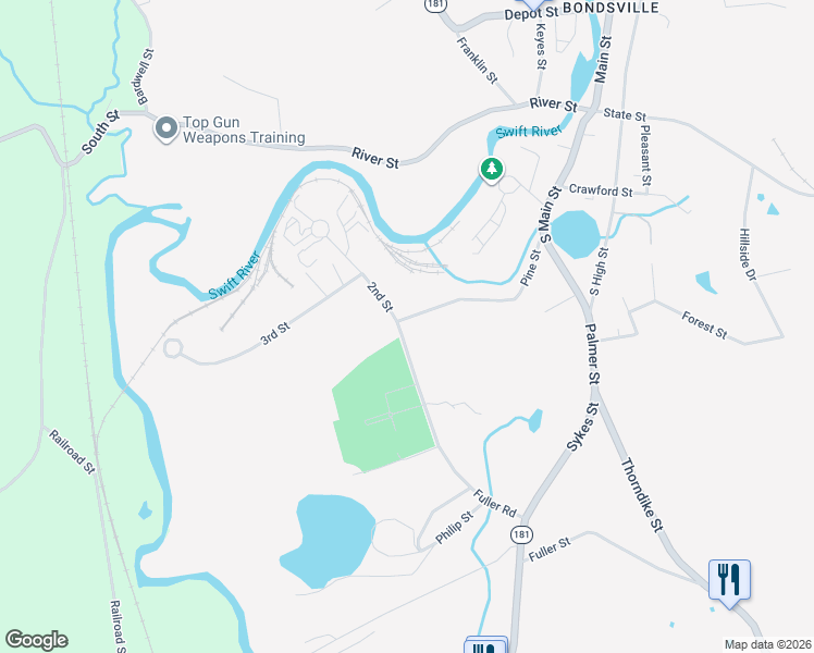 map of restaurants, bars, coffee shops, grocery stores, and more near 63 Fuller Street in Belchertown