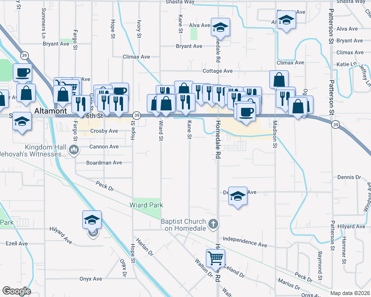 map of restaurants, bars, coffee shops, grocery stores, and more near 2510 Kane Street in Klamath Falls