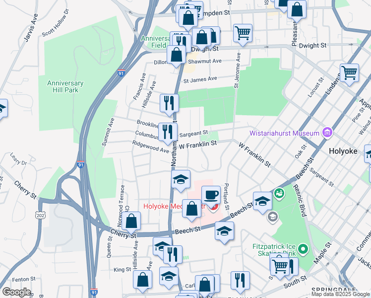 map of restaurants, bars, coffee shops, grocery stores, and more near 344 West Franklin Street in Holyoke