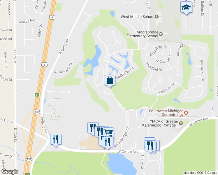 map of restaurants, bars, coffee shops, grocery stores, and more near 8036 Moorsbridge Road in Portage