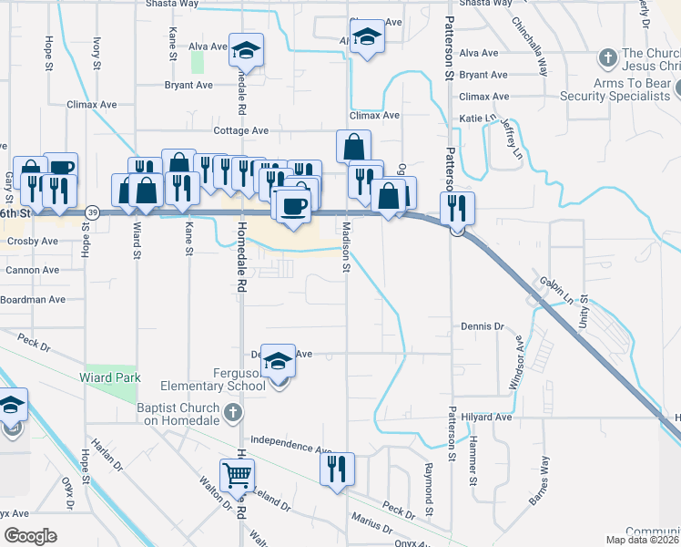map of restaurants, bars, coffee shops, grocery stores, and more near 2541 Madison Street in Klamath Falls