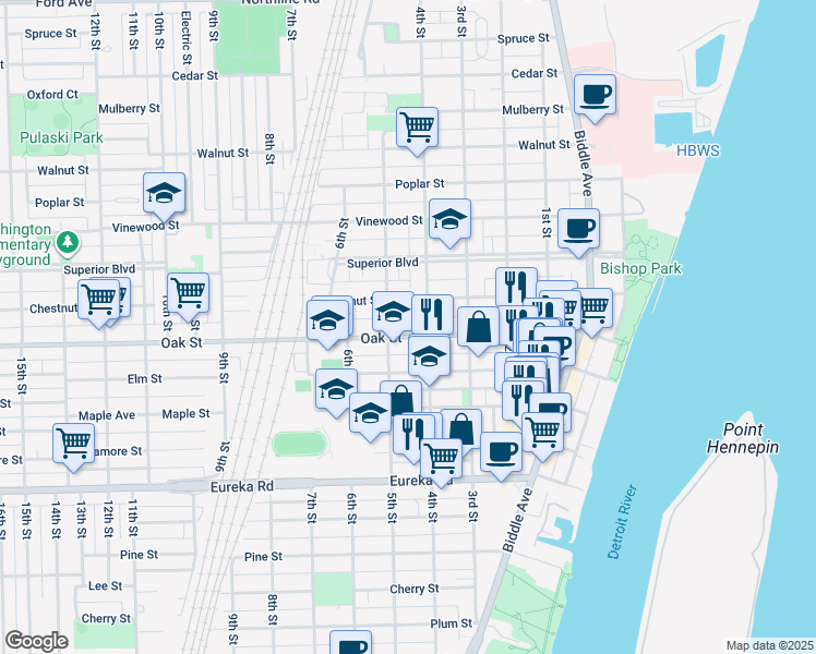 map of restaurants, bars, coffee shops, grocery stores, and more near 427 Oak Street in Wyandotte