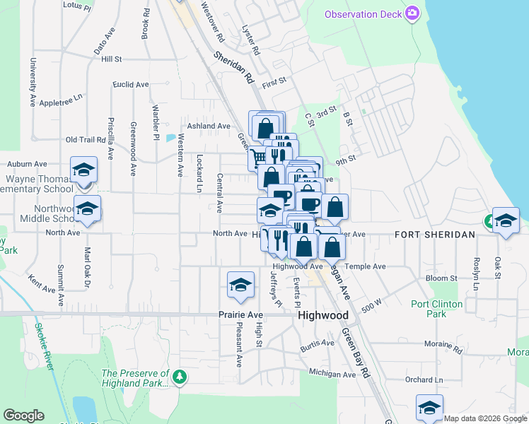 map of restaurants, bars, coffee shops, grocery stores, and more near in Highwood